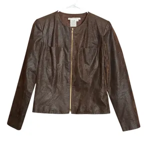 Maggy London Brown Croc Faux Leather Zip Jacket Blazer 6 Chic Mob 80s Vegan Moto thumbnail 1