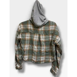 No Comment Plaid Hooded Cropped Flannel Shirt Green Gray Grunge Medium thumbnail 5