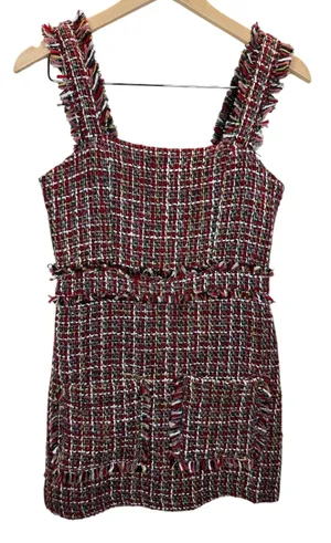 Olivaceous Mini Dress Women S Red Multi Tweed Fringe Hem Sleeveless Zip Back thumbnail 1