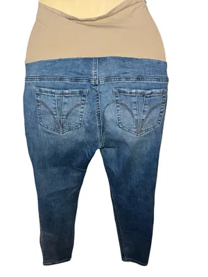 Indigo Blue Skinny Maternity Jeans in Blue with Beige Panel size medium. thumbnail 2