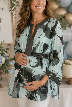 NWOT Cadeau Maternity Leaf Abstract Blouse Silk Blend in Shades of Green Size M thumbnail 1