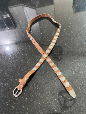 Brown Leather Silver Concho Coin Skinny Belt Women’s Size S/M thumbnail 3