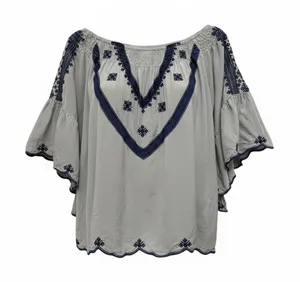 Bohemian Embroidered Peasant Blouse Gray Size L thumbnail 1