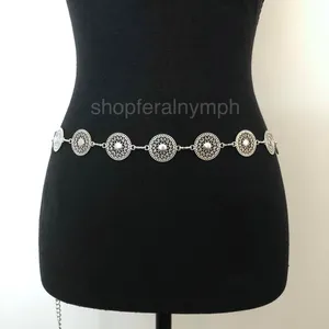 Vintage Y2K Boho Silver Mandala Circle Chain Belt, Fits 26.5–46 Inches, X7GA1166 thumbnail 5