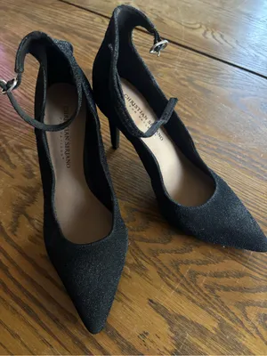 Christian Siriano Black Glitter Pointed Ankle-Strap Heels thumbnail 2