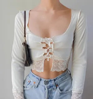 New with tags. Brown lace trim long sleeve crop top thumbnail 4