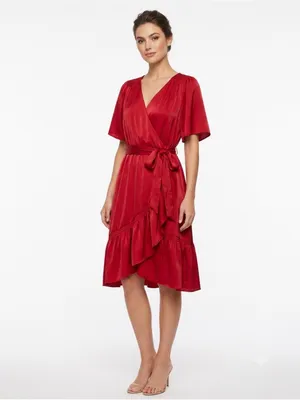 Maurices Deep Red Semi Satin Faux Wrap Ruffle Midi Dress Size Medium thumbnail 2