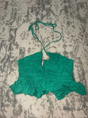Free People Green Ruched Halter Crop Top Boho 100% Cotton Size Small thumbnail 2