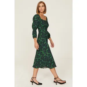 Peter Som Green Floral Print Crepe Long Sleeve Square Neck Midi Dress Size 6 thumbnail 2