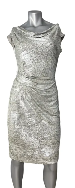 Vince Camuto Women's Silver Metallic Ruched Mini Dress 6 Sheath Cowl Neck thumbnail 1