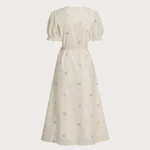Rihoas Beige Embroidery Puffed Sleeve Wrap Midi Dress thumbnail 8
