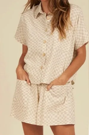 RYLEE + CRU Dove Check Kelli Linen Shorts size Large Beige Tan thumbnail 1