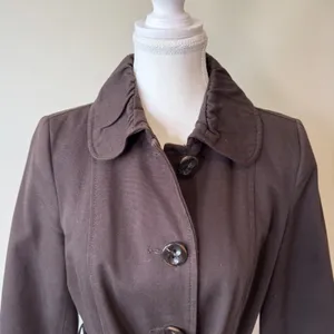 Zara Women 100% Cotton Trench Coat L Brown Sequin Belt Ruffle Collar Classic thumbnail 7