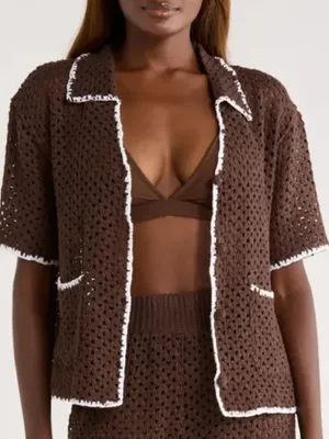 Elan Crochet Button-Up Cover-Up TOP, Brown/White, Size Medium, NWT thumbnail 1