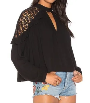 Free People Black Little Bit of Love Blouse long sleeve ruffle eyelet L thumbnail 1