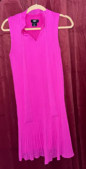DKNY Pink Solid Pleated Shift Dress V-Neck Sleeveless  thumbnail 1
