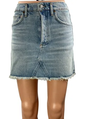 Agolde Women's Blue High Waisted Raw Hem Cut Off Mini Denim Jean Skirt Size S thumbnail 1