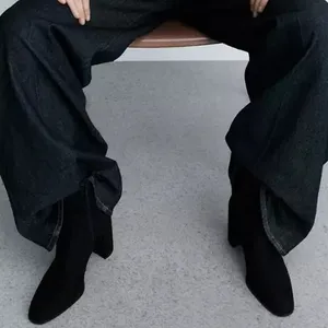Mango Minimalist Black Vegan Suede Classic Elegance Ankle Block Heel Boots 7.5 thumbnail 2