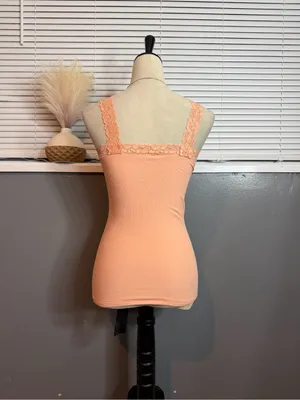 Peach Lace Ruched Fitted Cami Tank Top Small thumbnail 7
