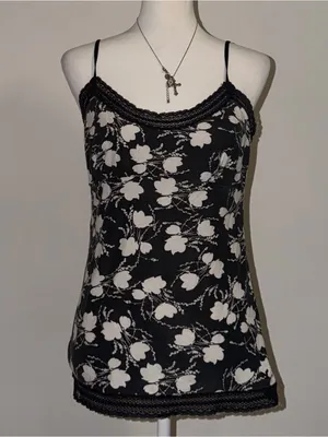 2000s vintage style whimsical american eagle black and white floral lace cami thumbnail 2