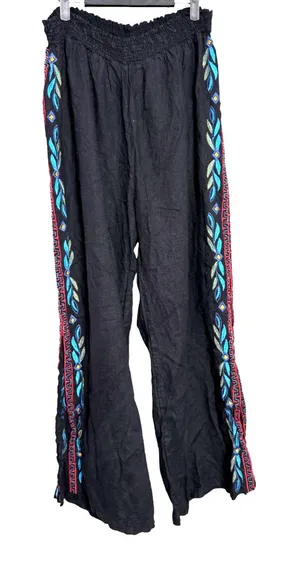 Johnny Was JW Los Angeles Pull On Black Embroidered Wide Leg Linen Pants Size 2X thumbnail 1