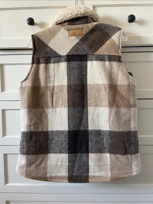 NWT Sanctuary Plush Sherpa-Collar Plaid Vest in Cream & Brown Front Zipper - S thumbnail 5