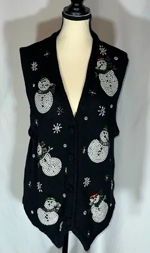 VICTORIA JONES • Vtg Christmas Vest Sweater Beaded Snowman Ugly Sweater Black Lg thumbnail 1