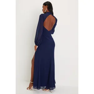NWT Lulus Graceful Entrance Chiffon Long Sleeve Backless Maxi Dress M Navy Blue thumbnail 5