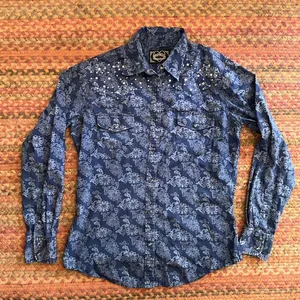 Vtg Cowgirl Hardware Blue Flower Print Rhinestone Pearl Snap Long Sleeve thumbnail 1