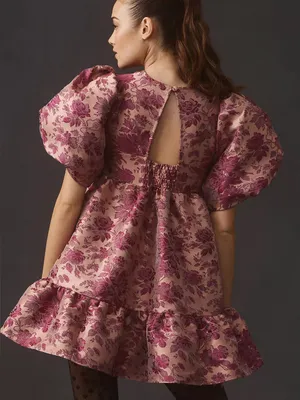 By Anthropologie Puff Short-Sleeve Babydoll Mini Dress Pink Floral Medium thumbnail 2