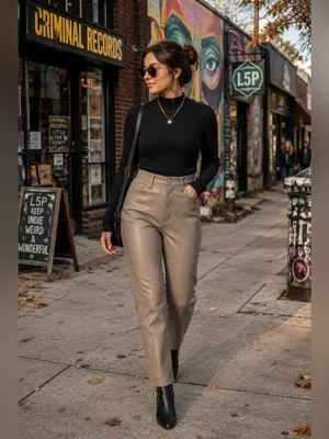 Abercrombie Curve Love Vegan Leather 90s Straight Pants Tan 27 Long High Rise 4‎ thumbnail 2