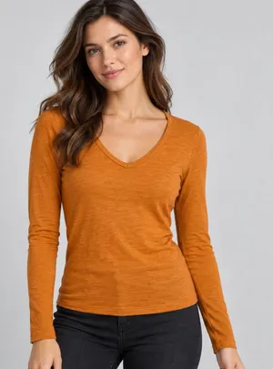 Horny Toad Marley V-Neck Long Sleeve Tee Medium Organic Cotton Tencel Orange Y2K thumbnail 1