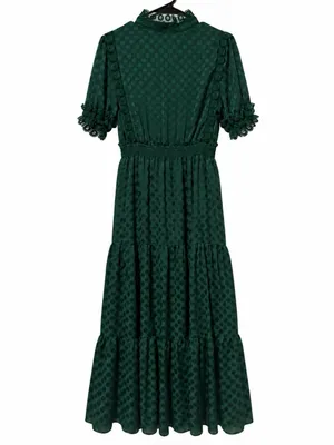 Max Studio Emerald Green Jacquard Lace Trim Tiered Midi Dress thumbnail 5