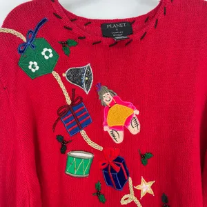 Vintage Red Christmas Sweater Embroidered Santa Toys Gifts Holiday Pullover thumbnail 11