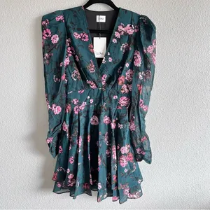 LINI Isabelle Floral Mini Dress Teal Pink Puff‎ Long Sleeve V-Neck Fit & Flare thumbnail 2