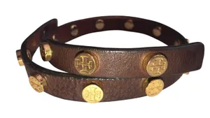 Tory Burch Leather Wrap Bracelet Brown Gold Tone Logo Studs Boho Chic Equestrian thumbnail 1