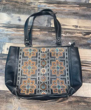 Montana West Black and Gray Floral Embroidered Tote with Turquoise Accents thumbnail 1