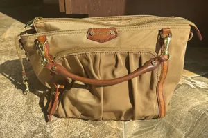 MZ Wallace Nylon Top Handle‎ Bag some pen marks tan beige brown thumbnail 1