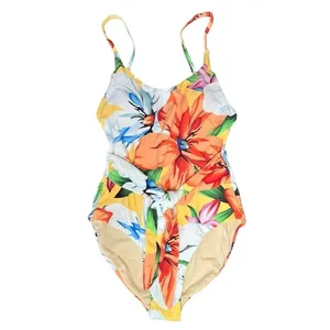 Palms Away Floral One Piece‎ Swimsuit Womens XS Yellow Tropical Tie Front NEW thumbnail 2