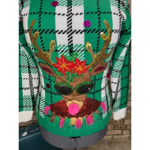 Celebrate together ugly christmas sweater reindeer rudolph plaid red green pink thumbnail 5