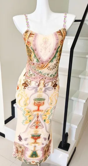 Ornate Baroque Print Slip Midi Dress Beaded Floral thumbnail 1