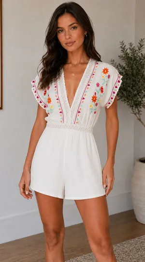 Jun & Ivy White Embroidered V-Neck Romper with Floral Trim thumbnail 1