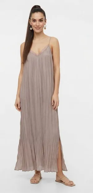 H&M Taupe Pleated Slip Maxi Dress with Lace Trim Sz S thumbnail 1