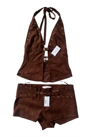 Isabelle’s Cabinet Crowd pleaser Brown Suede Halter Top and Short Set thumbnail 1