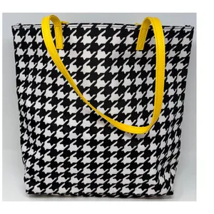 Vera Bradley Women's Hello Yellow Black White Houndstooth Tote thumbnail 2