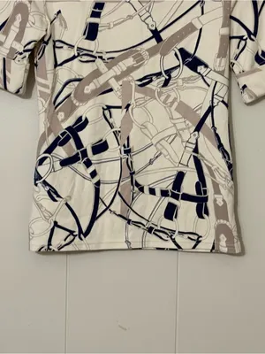 Lauren Ralph Lauren Belt Print Boatneck Top Navy Cream Equestrian Stretch Tee S thumbnail 12