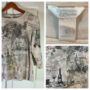 Christopher & Banks Vtg Y2K Italian Winery Scene Shirt Embellish Top USA Classic Romantic Watercolor thumbnail 2