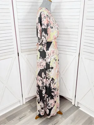 Bar III Floral Boho Faux Wrap Dolman Sleeve Maxi Dress Peach Black Multi XS thumbnail 3