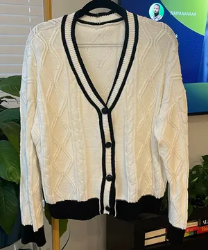 Dazy Less cable knit cardigan/sweater off white with black trim thumbnail 1