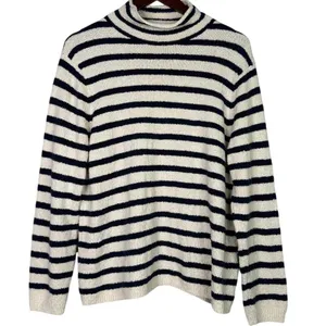 J. Crew Striped Knit Boucle Mock Neck Long Sleeve Sweater L Cream Navy Blue thumbnail 13